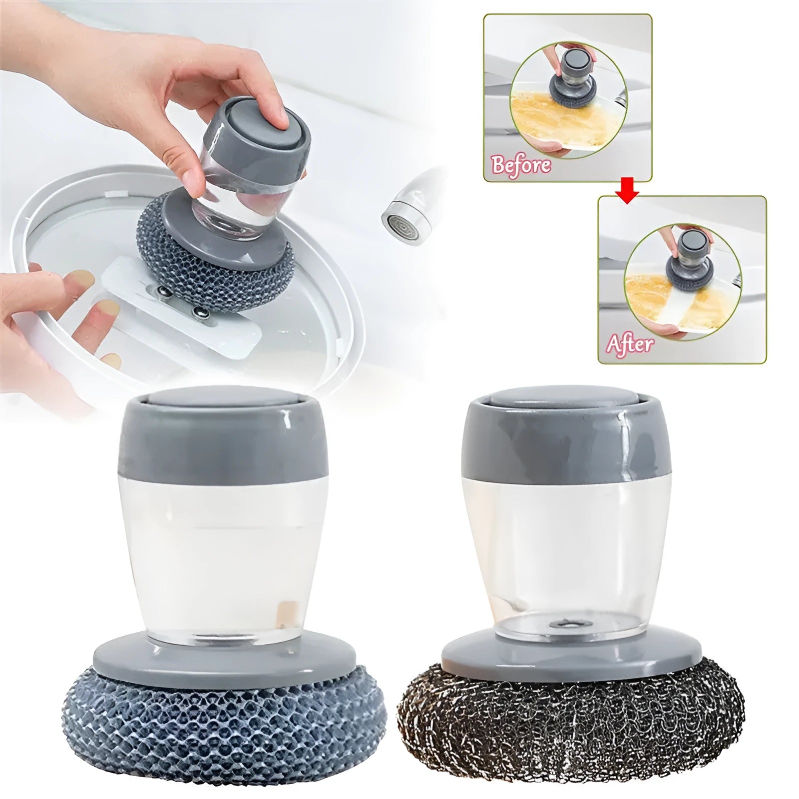 Kitchen cleaning brush with push-button soap dispenser and scrubber head.