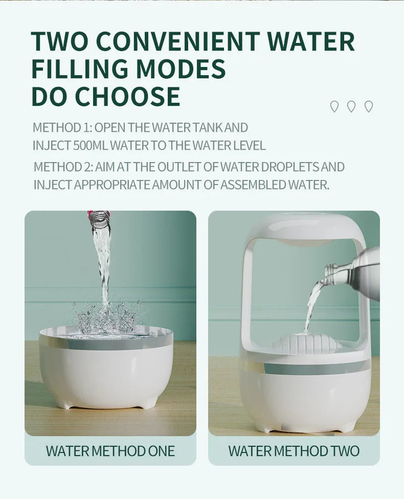Anti gravity humidifier water drop backflow with 500ml white ABS body and black base on a desk