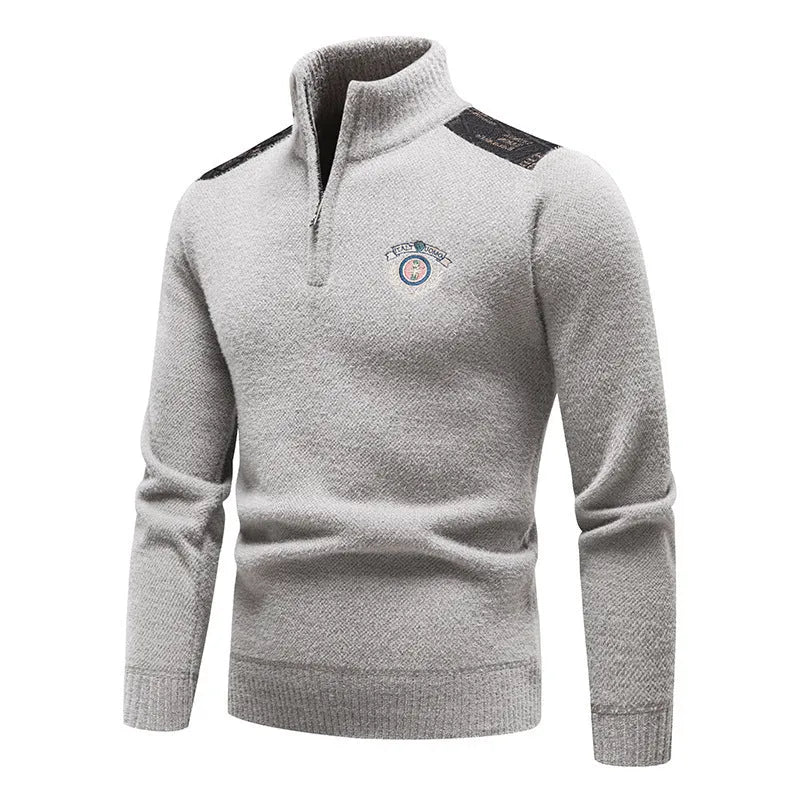 Men's beige velvet stand collar thick winter sweater straight cut pullover