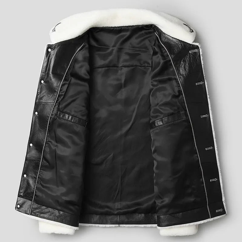 Men's 100% wool lamb fur jacket in white and black animal pattern, button front, long sleeves, on a model