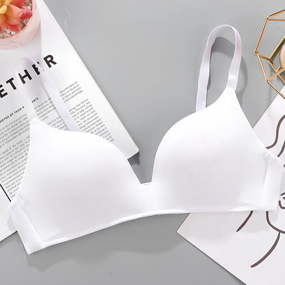 White breathable gather bra with detachable straps, 3/4 cup, seamless one-piece design for women