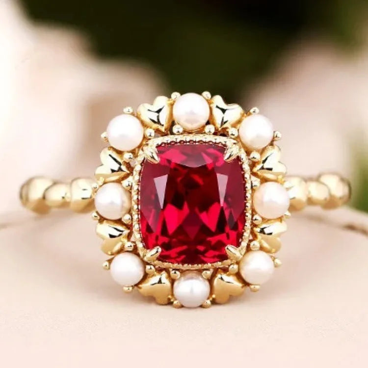 Natural stone garnet red ring with gold electroplating and zircon accents, heart and geometric shape, women's sizes 6-10