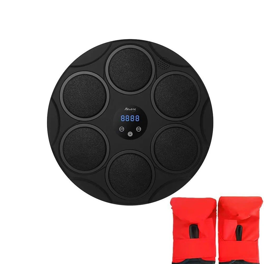 Smart Bluetooth boxing target with coloured LED lights on black PU surface, wall-mounted fitness training equipment