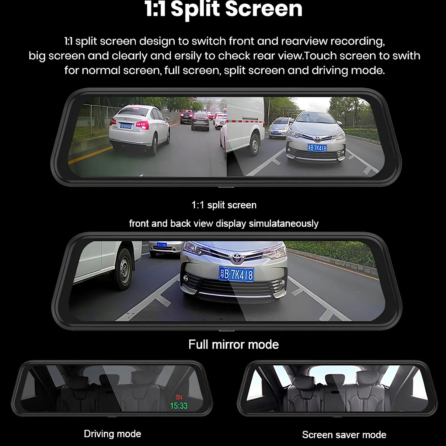 10-inch dual recording dash cam mounted as rearview mirror with 170-degree front and rear cameras