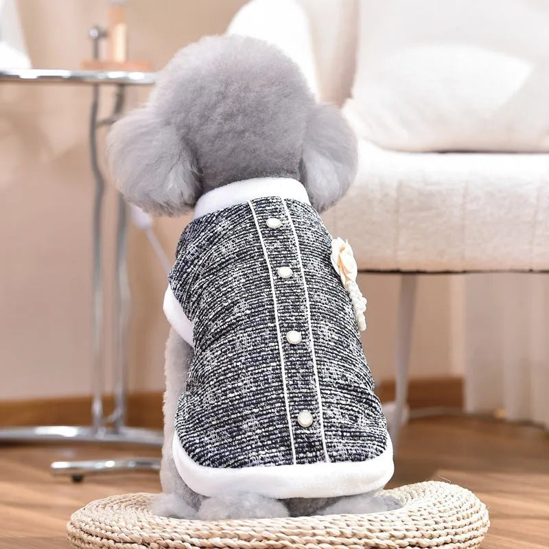 Black PU cat sausage jacket costume for dogs on hanger showing size range