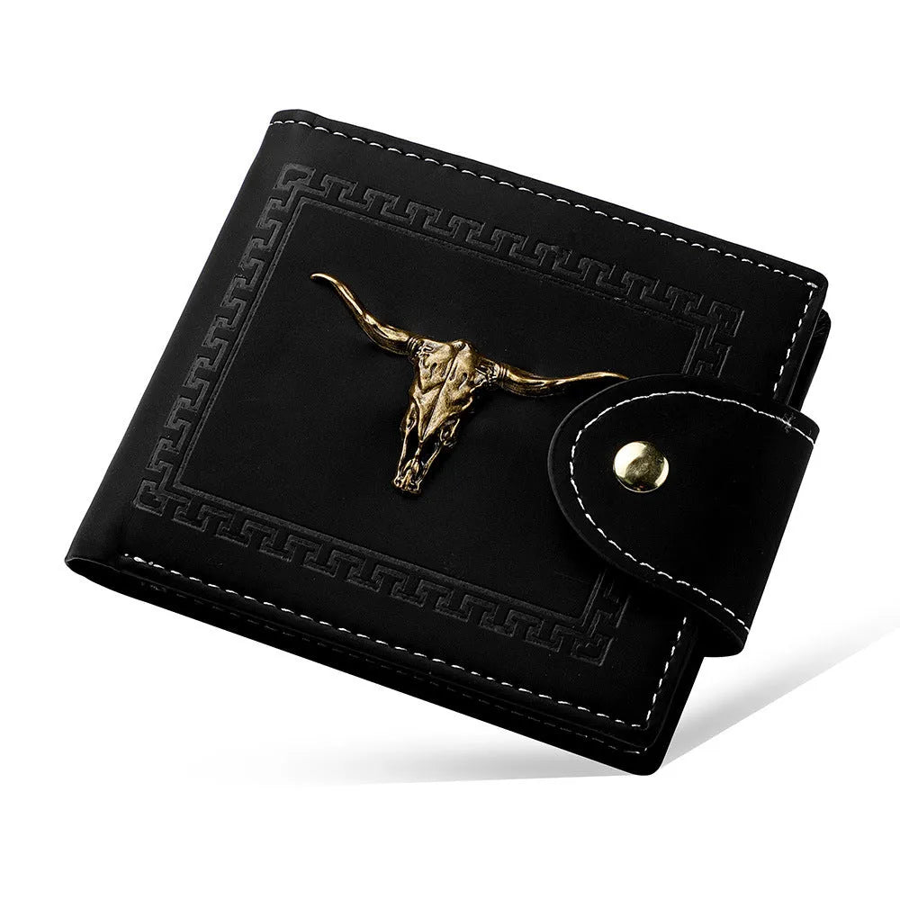 Black men's wallet with animal pattern, zipper closure, and multiple card slots made from PU leather