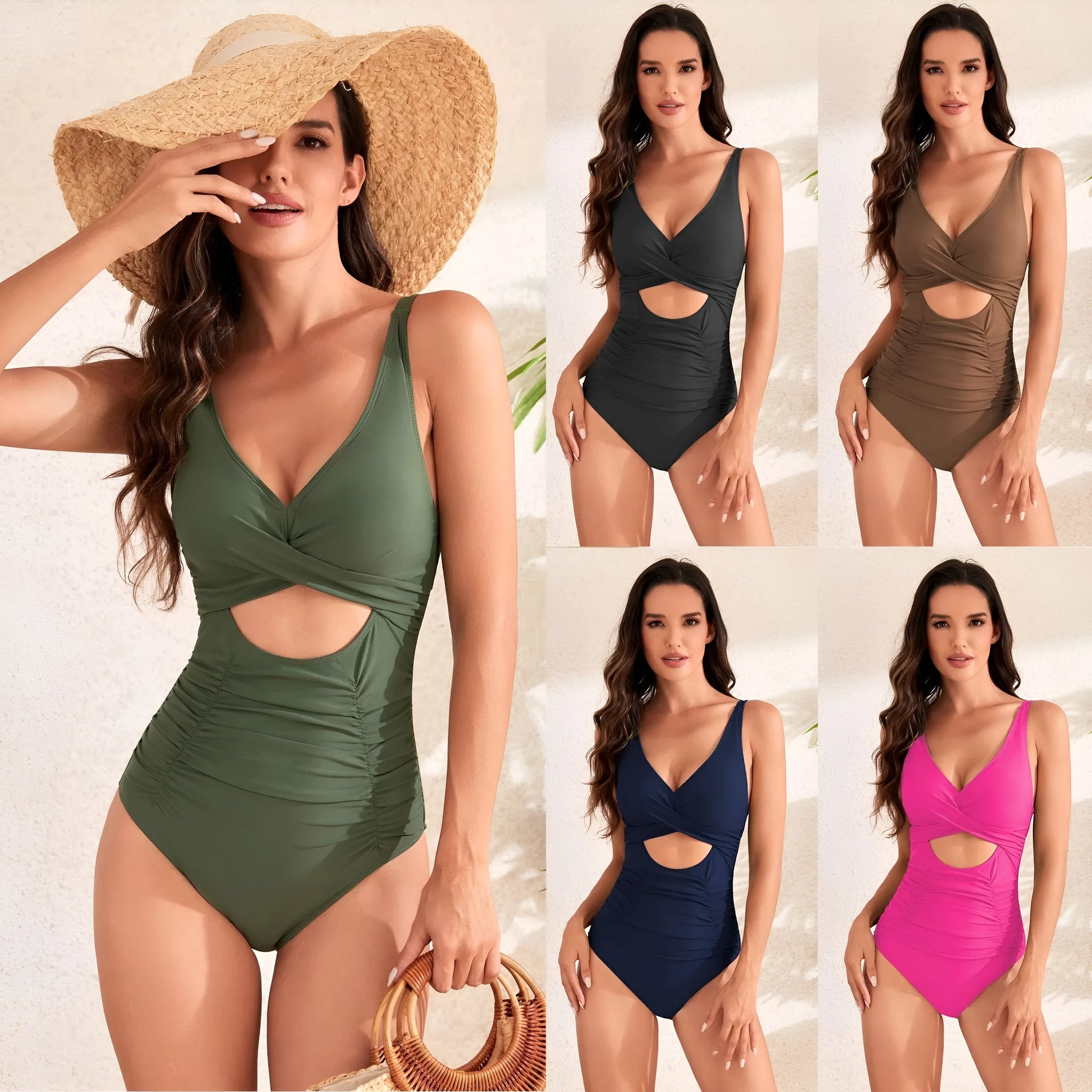Solid colour one-piece swimsuit with cross pack pleating and high waist design in nylon fabric