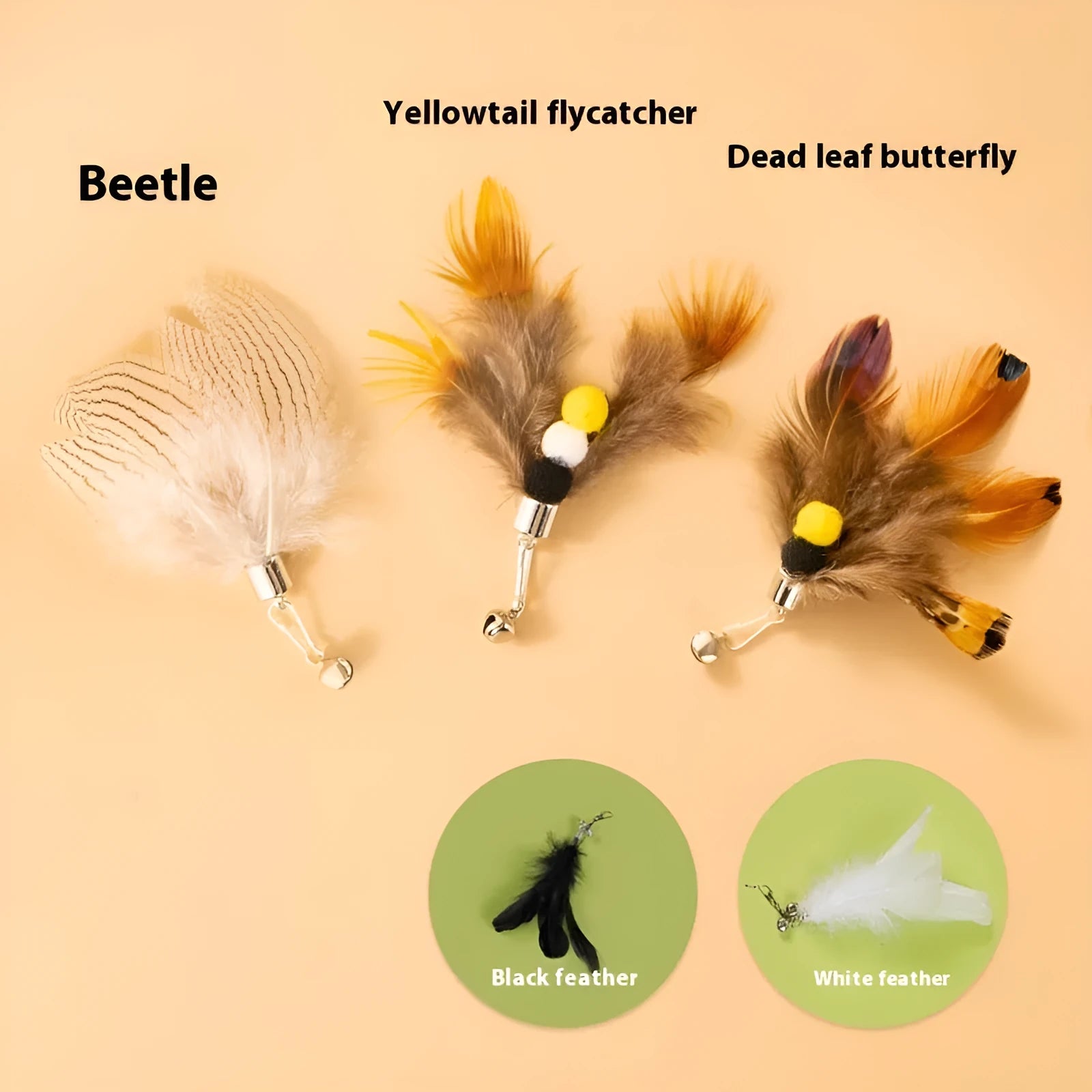 Three steel wire cat toy replacement heads with small flying insect designs in assorted colours.