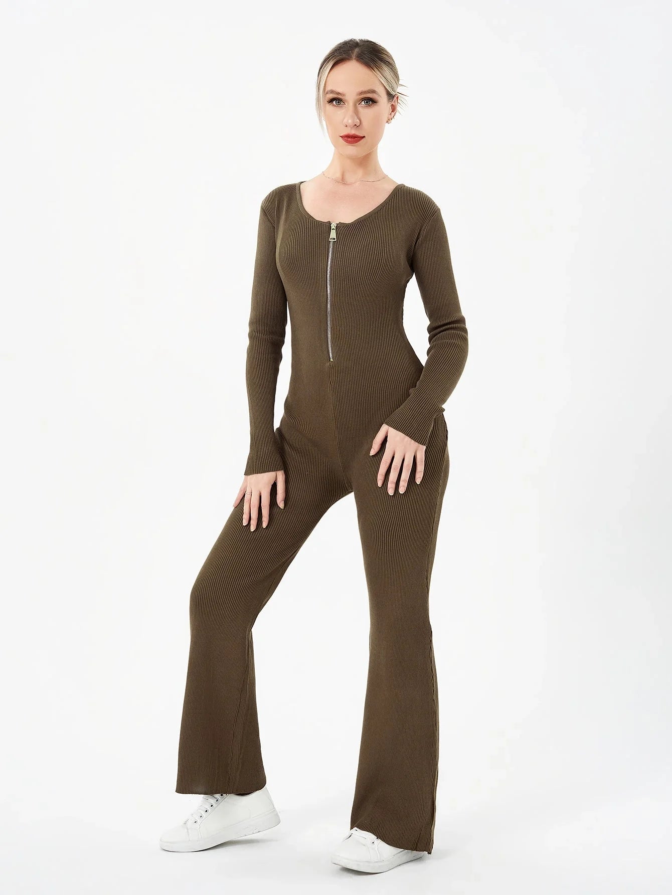 Zippered round neck flared trousers in black, white, khaki, and brown