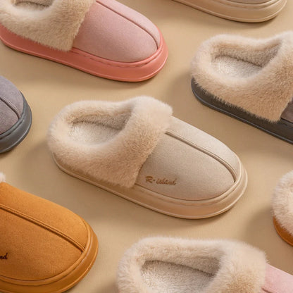 Winter fluffy slippers with non-slip soles in pink, khaki, white, and grey