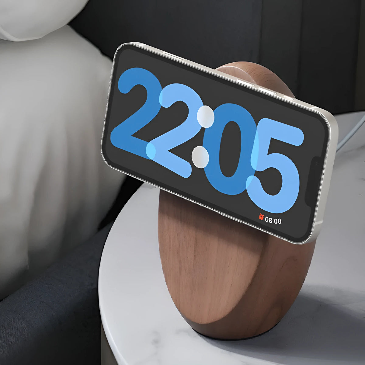 Creative MagSafe magnetic phone holder wireless charger in walnut resin finish on desk