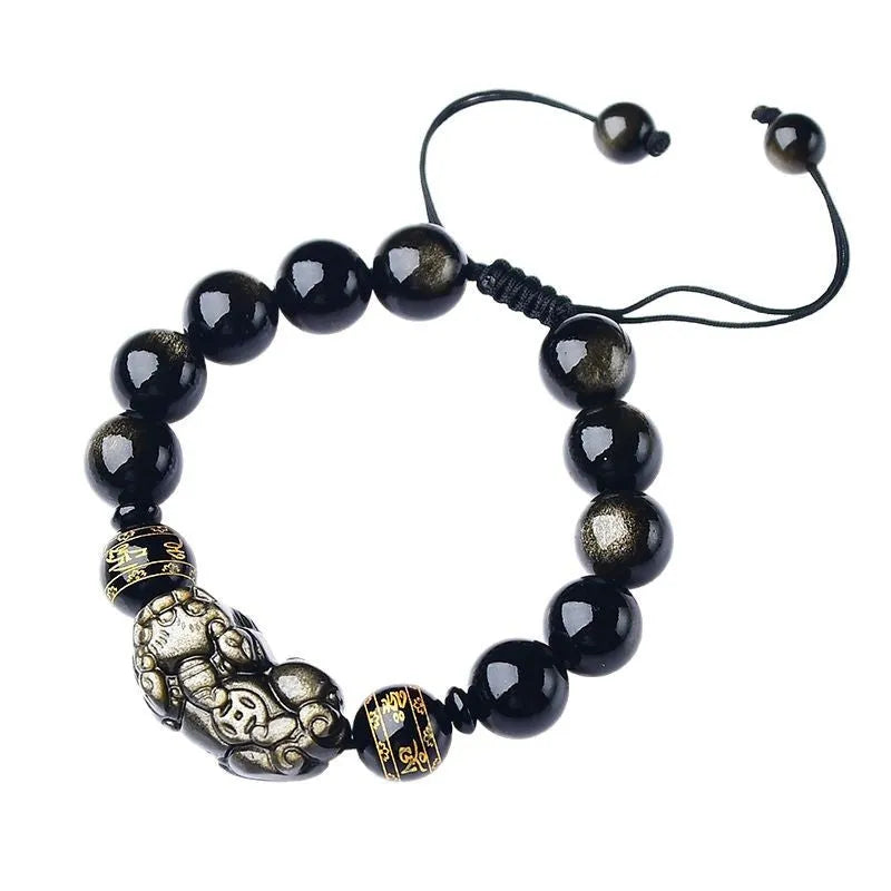 Hand-woven golden obsidian Pi Xiu bracelet with Chinese zodiac design