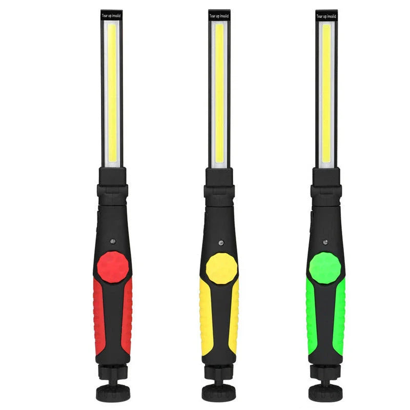 A portable LED work light with a magnetic base, adjustable brightness, and 180-degree rotating light bar for versatile illumination in car repairs, outdoor activities, and everyday tasks.