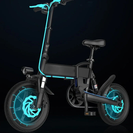 Black 14-inch folding electric bicycle with aluminium frame, showing folded and unfolded positions