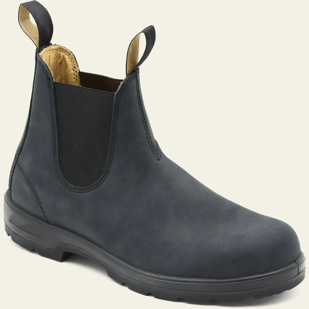 A pair of vintage-style brown unisex Chelsea boots with a round toe and low horseshoe heel.