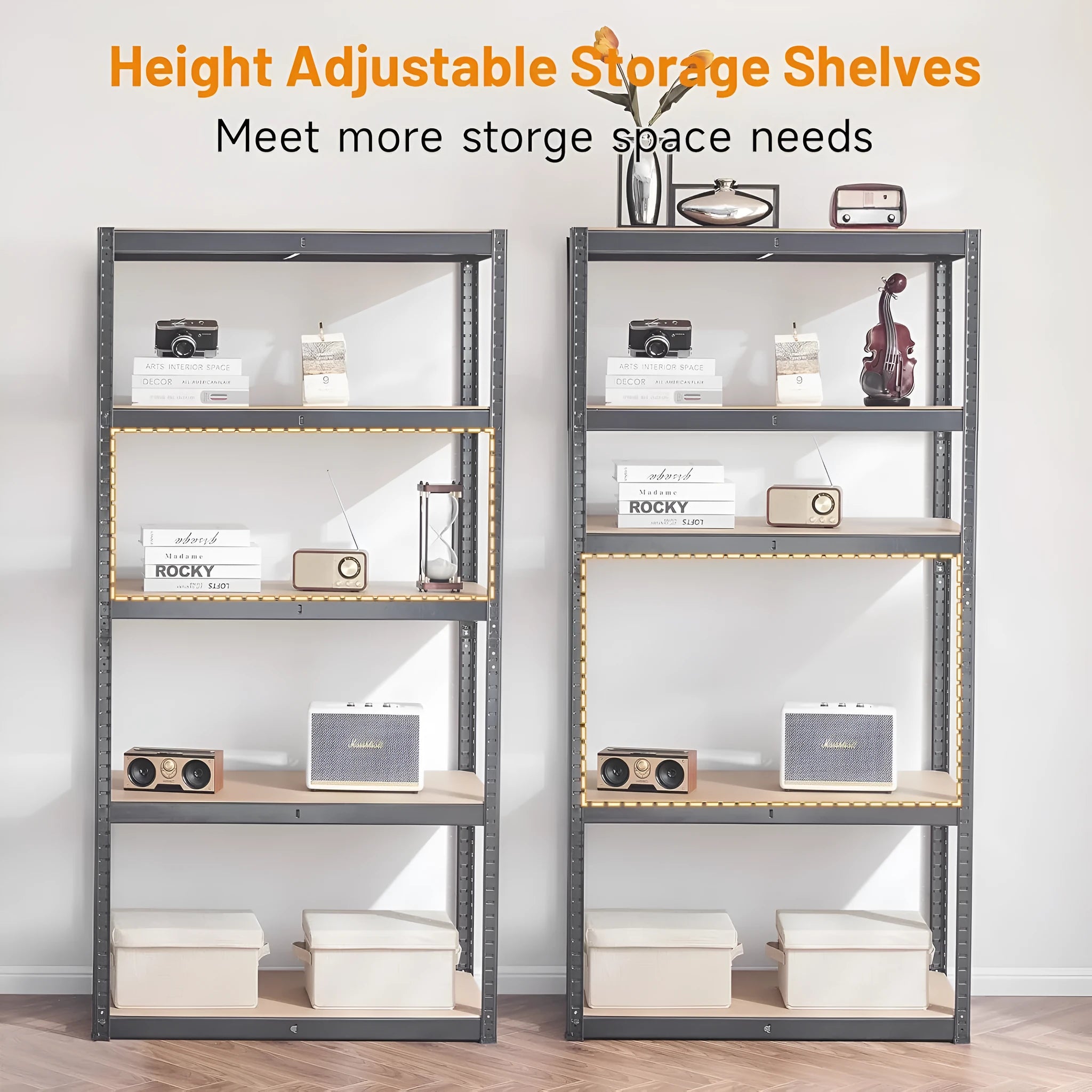 Black 5-layer floor display stand storage bookshelf 180cm high with metal shelving and punch-free design