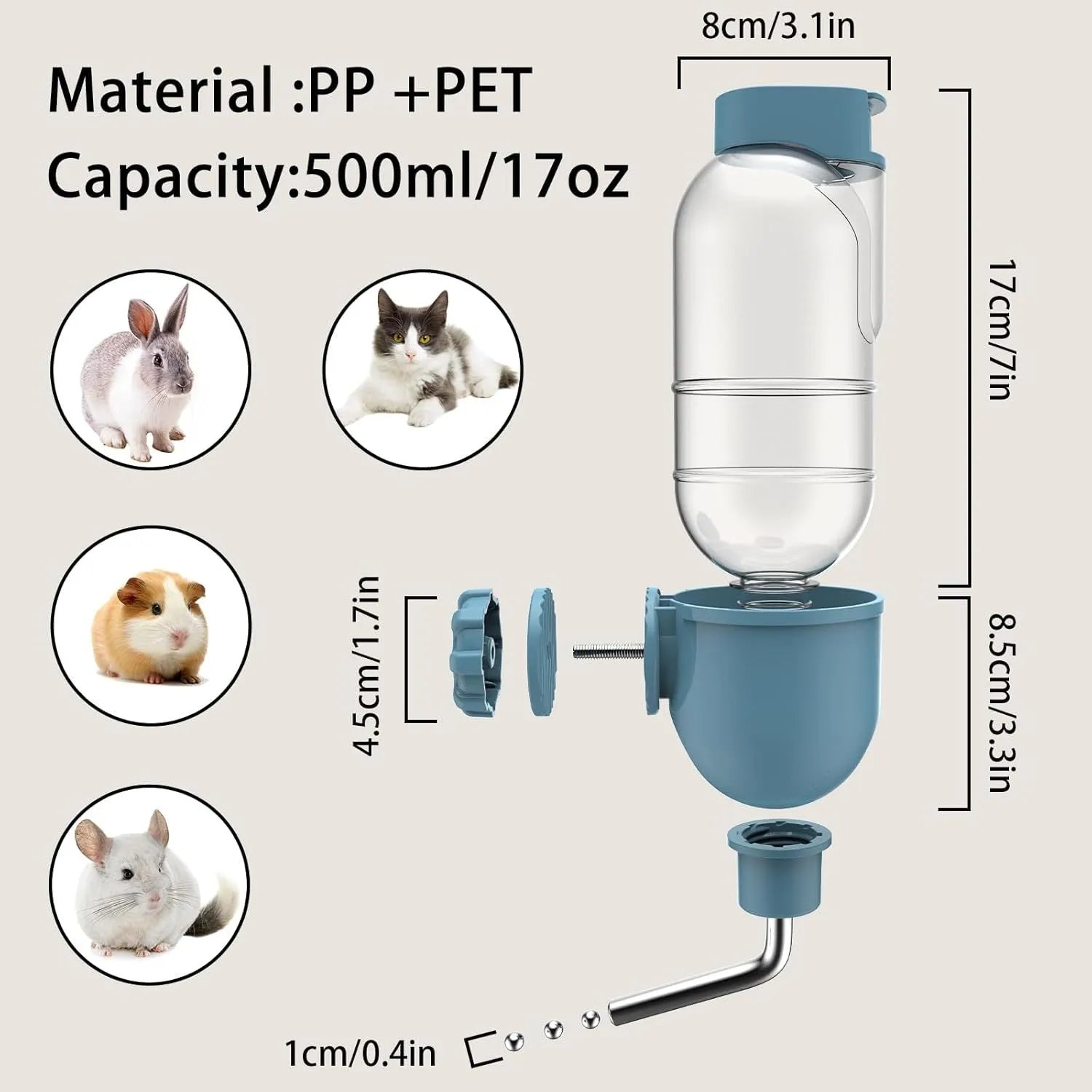 Blue small animal water bottle with stainless steel nozzle for cage mounting