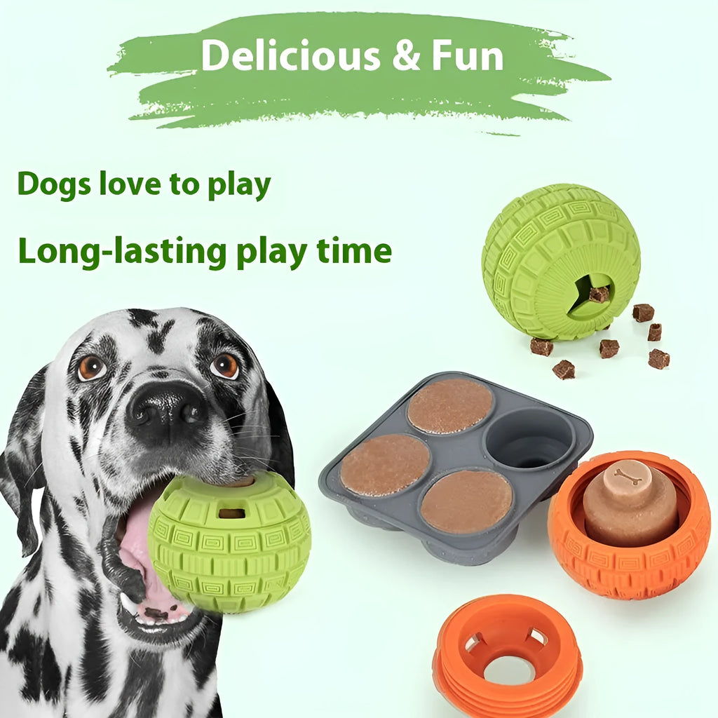 Natural rubber dog dropping ball toy in green or orange, 14cm long