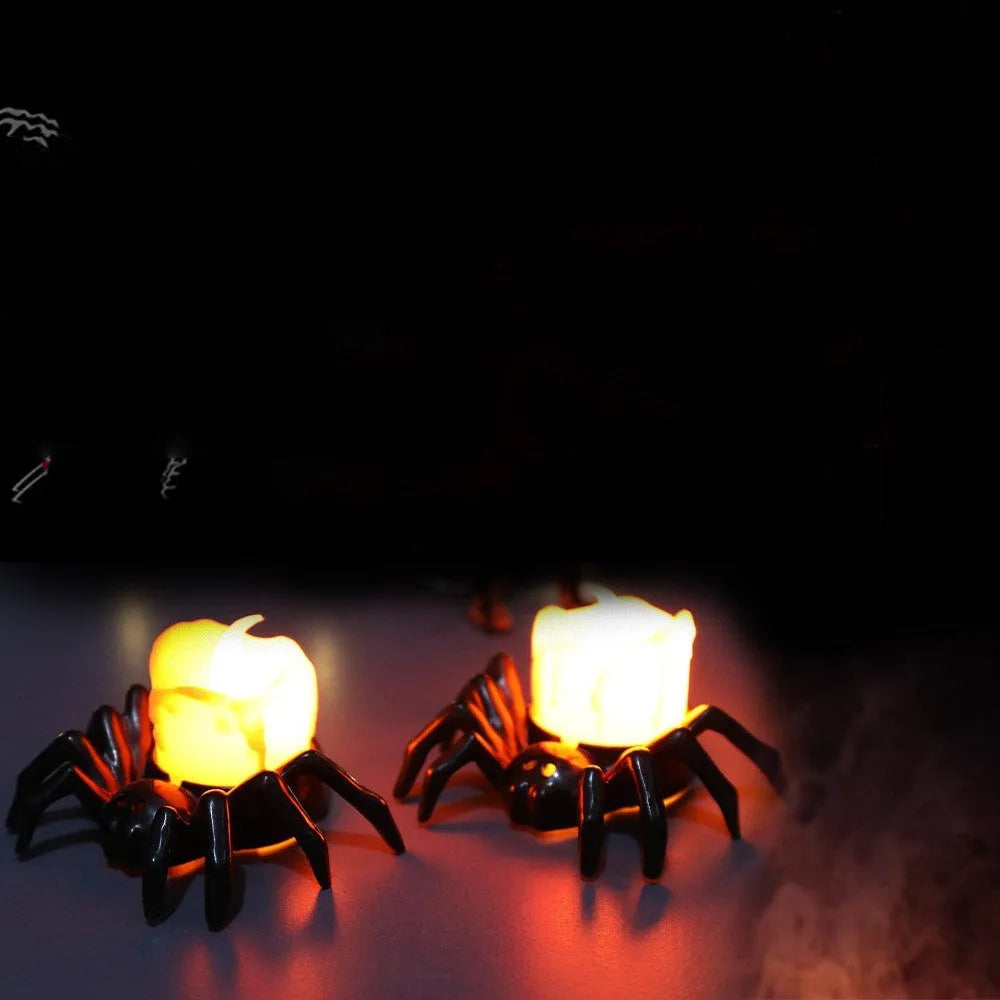 Halloween spider-back candle light ornament with plastic construction measuring 7 by 8.5 by 5 centimetres