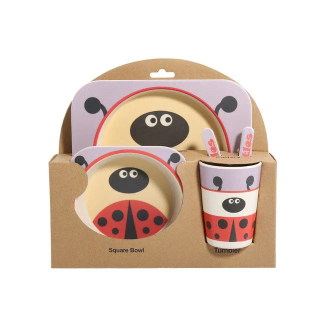 Five-piece bamboo fibre children's tableware set with vibrant animal-themed designs