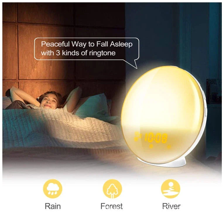 Sunrise alarm clock with gradual lighting, nature sounds, and colour customization