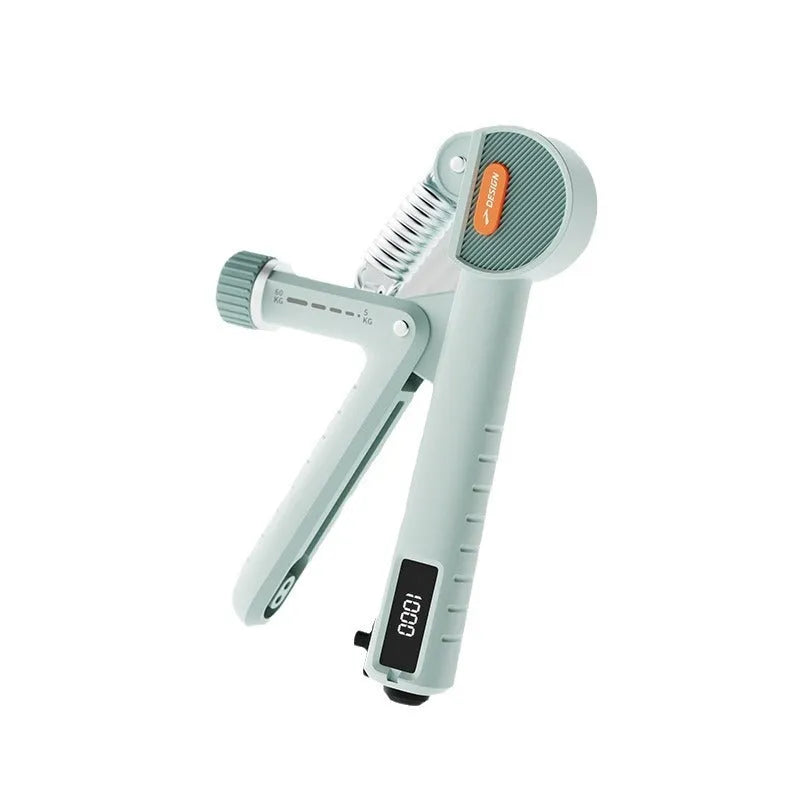 Adjustable spring grip strengthener in ABS plastic available in ivory white, dark black, or green colours