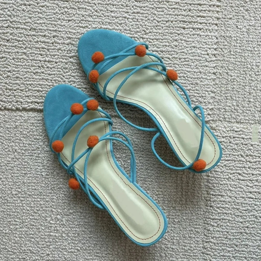 Cyan French genuine leather lace-up high-heeled sandals with niche ball detail and open toe