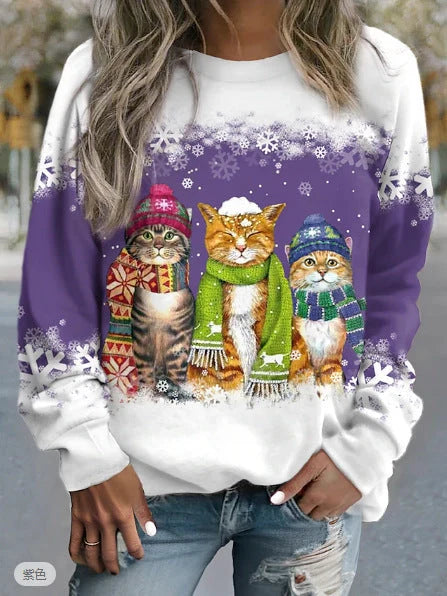 Women's festive snowman and cat print long sleeve t-shirt in loose fit