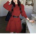 Long sleeve knitted dress for women in beige with high waist and included black belt