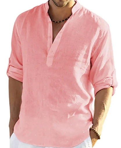 A stylish linen blend long sleeve shirt in various colors, featuring a tailored fit and stand collar design.