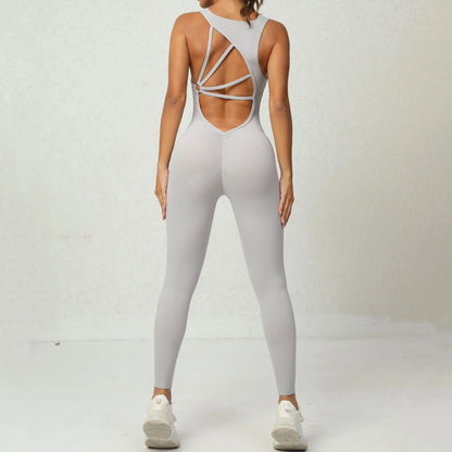 Stylish yoga jumpsuit with unique V-shaped back design, available in multiple colors and sizes for maximum comfort and mobility.