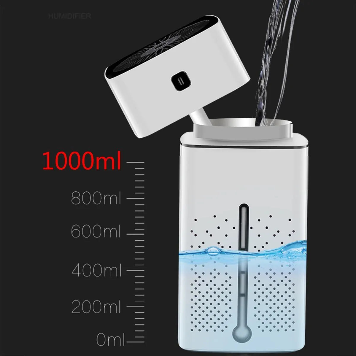 Black and white desktop humidifier measuring 103x103x218mm with 1000ml capacity