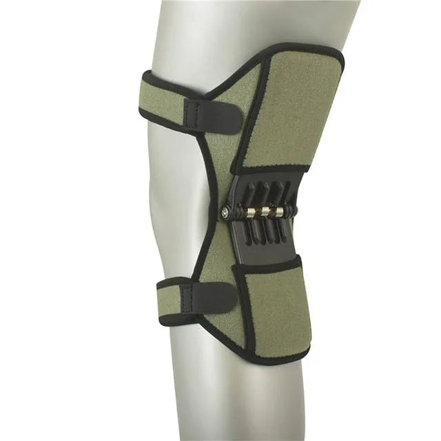 Adjustable spring knee brace support for mountaineering and sports activities.