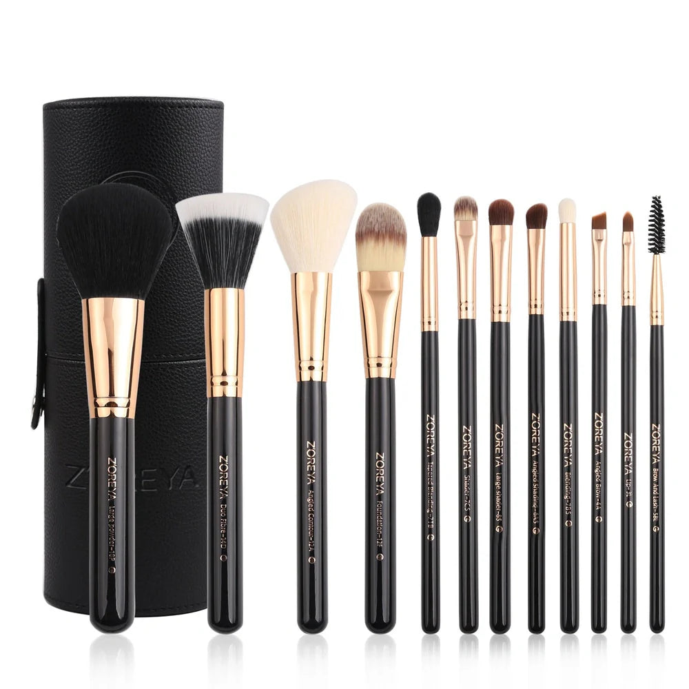 12 synthetic makeup brushes with aluminium handles and wooden accents in cosmetic case