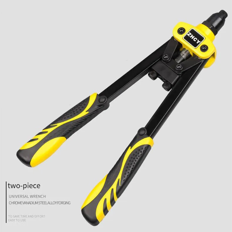 Yellow 13-inch manual rivet gun with built-in interchangeable tips for household DIY projects.