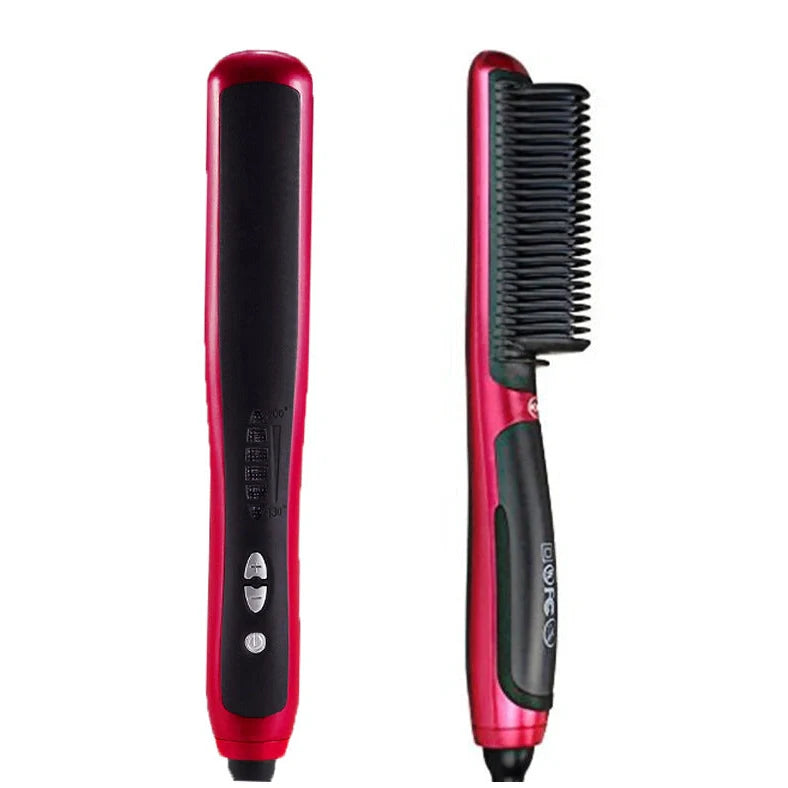 Automatic temperature adjustable red hair straightener with 360-degree rotatable cord and ceramic heating technology for precise styling control from 25W to 35W power settings