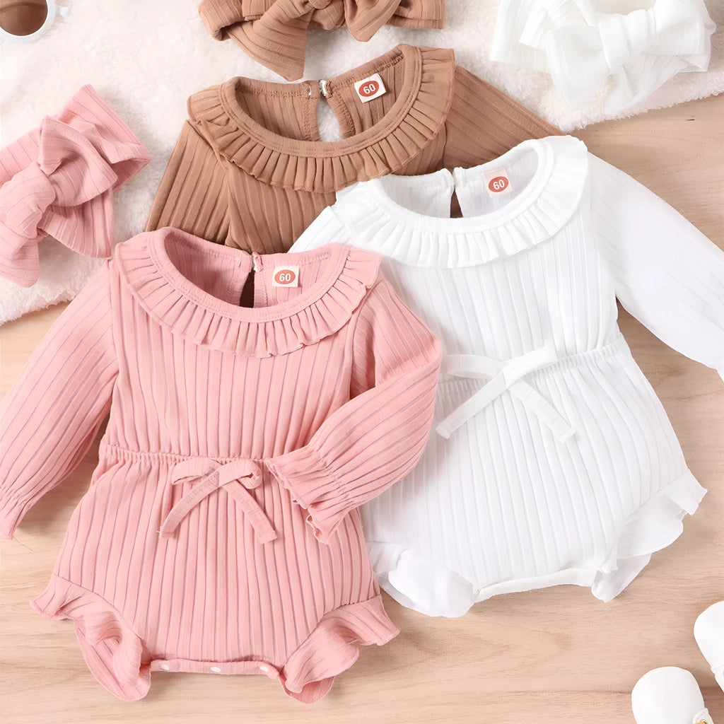 Baby girls long sleeve cotton sunken stripe romper jumpsuit with headscarf in white, pink and brown for heights 60-100cm