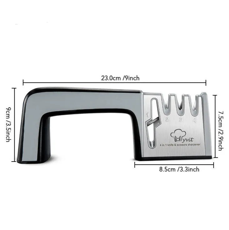 4-in-1 multi-functional knife sharpener in black with multiple sharpening rods