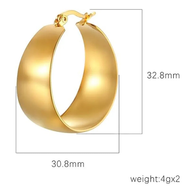 Widened curved stainless steel earrings in steel or gold colour, 25mm or 30mm size