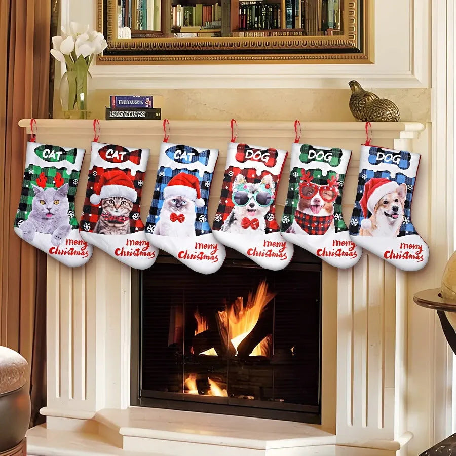 Printed cloth Christmas decoration banner with plaid puppy and cat patterns in various colours