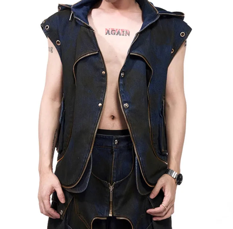 Blue heavy industry style hooded denim vest and matching trousers laid flat
