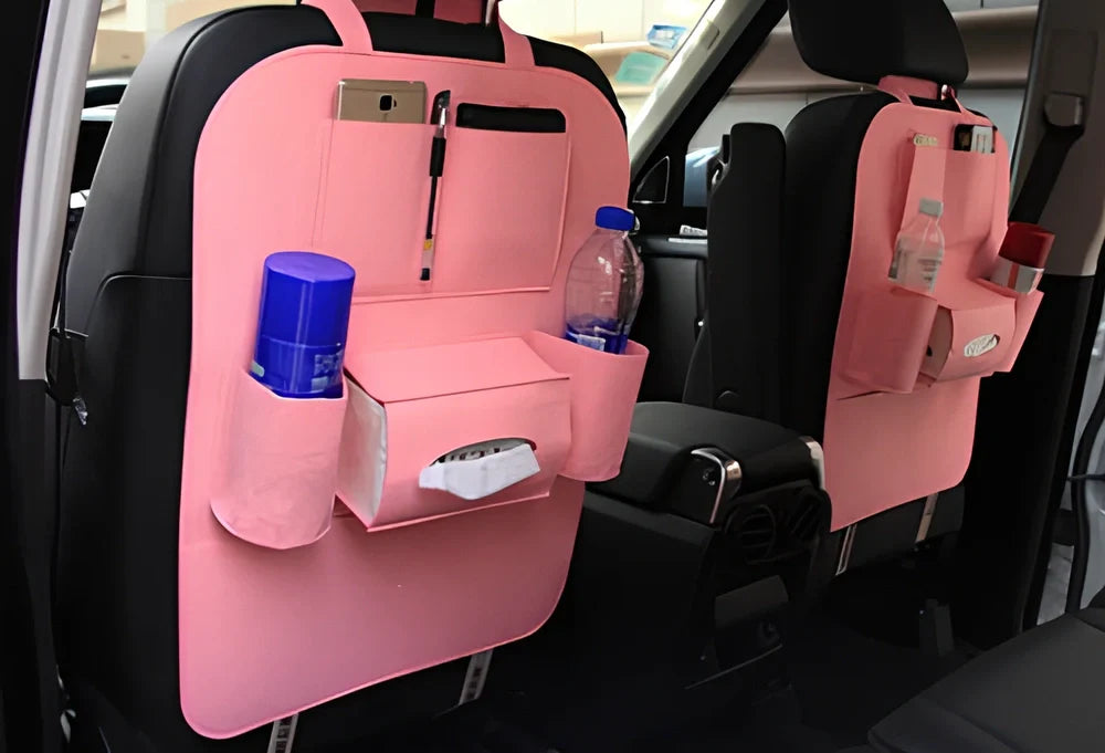 Wool felt car seat organiser bag with multiple pockets measuring 33cm wide