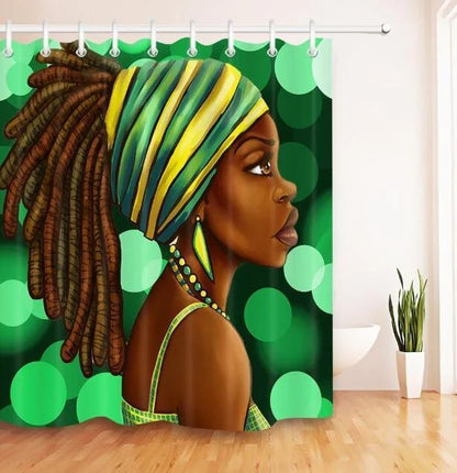 Colorful African girl portrait with graffiti art and modern buildings on a shower curtain