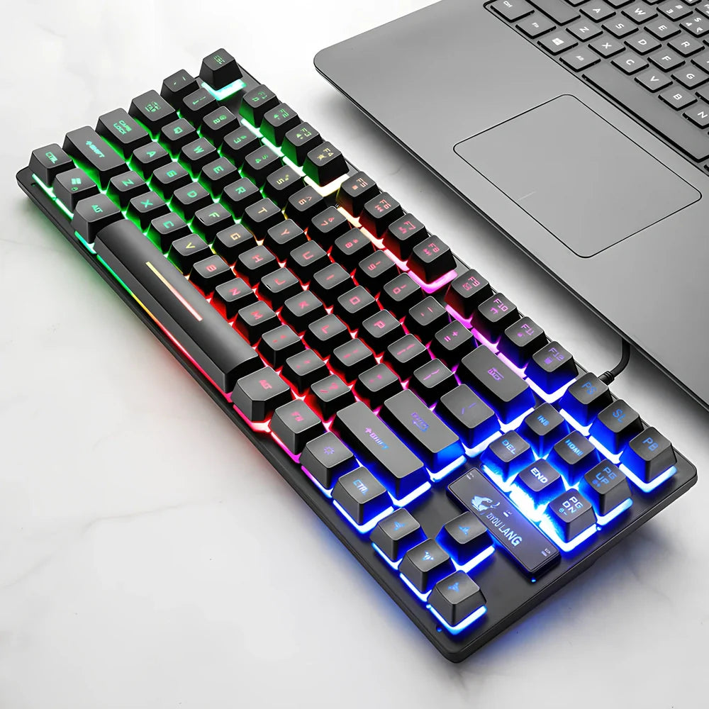 Black 87-key mechanical gaming keyboard, 36.5cm wide with USB cable, compact design for PC setups