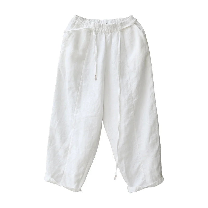Women's artistic linen baggy pants with embroidery detail in white