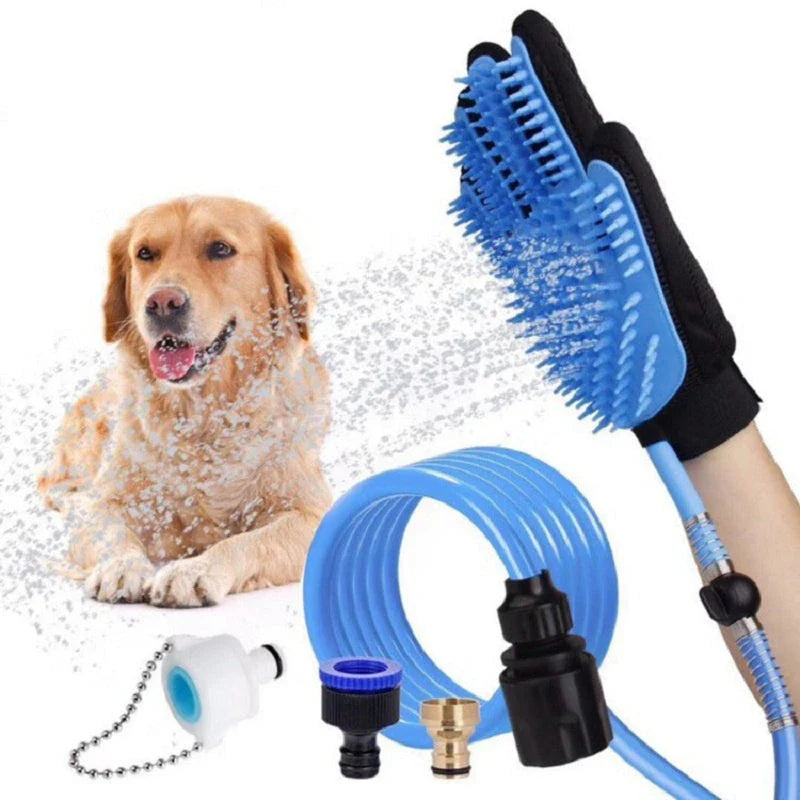 Blue handheld pet shower tool with massage gloves for dogs and cats