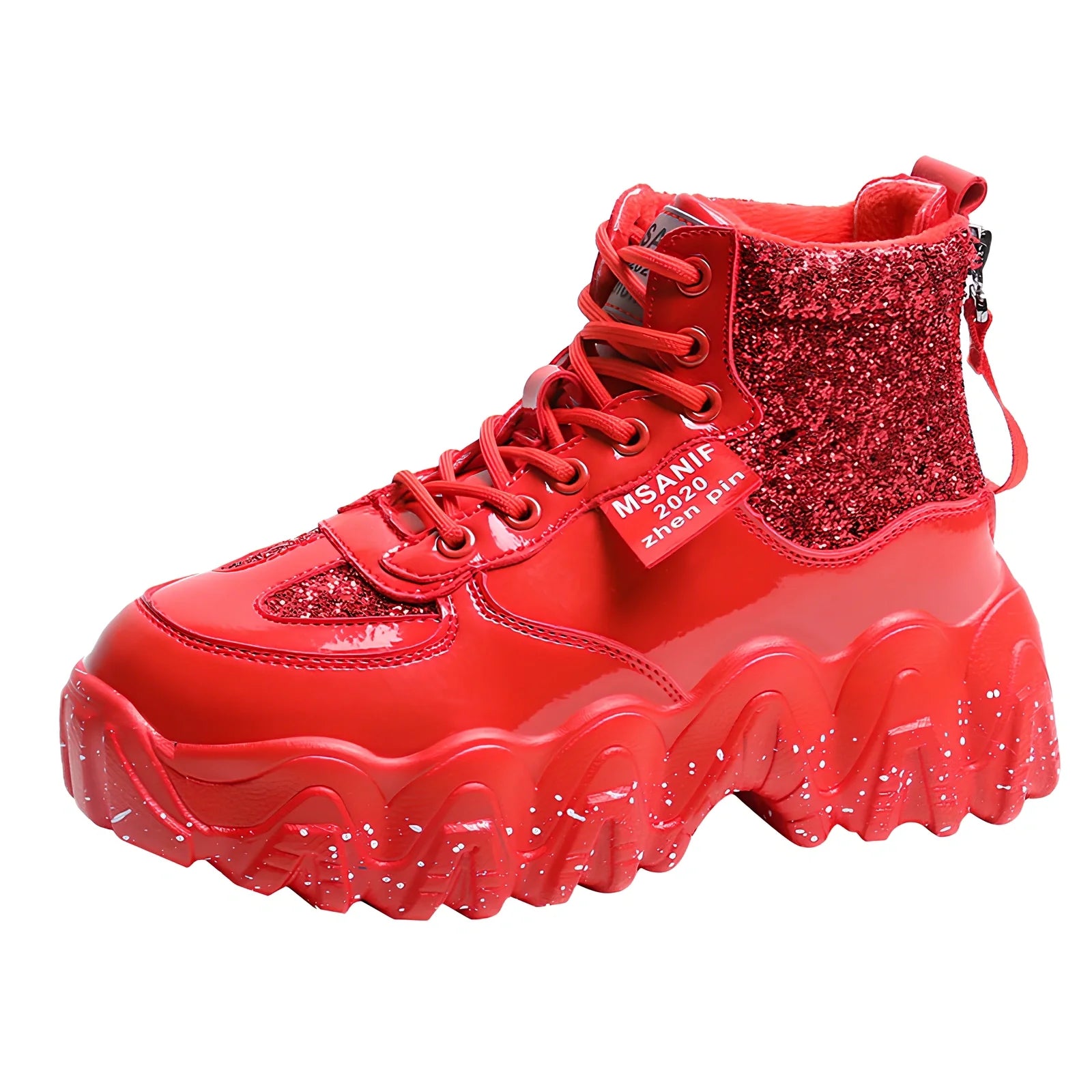 Women's platform sneakers with decorative sequins and 3-5cm heel in black, red, or silver