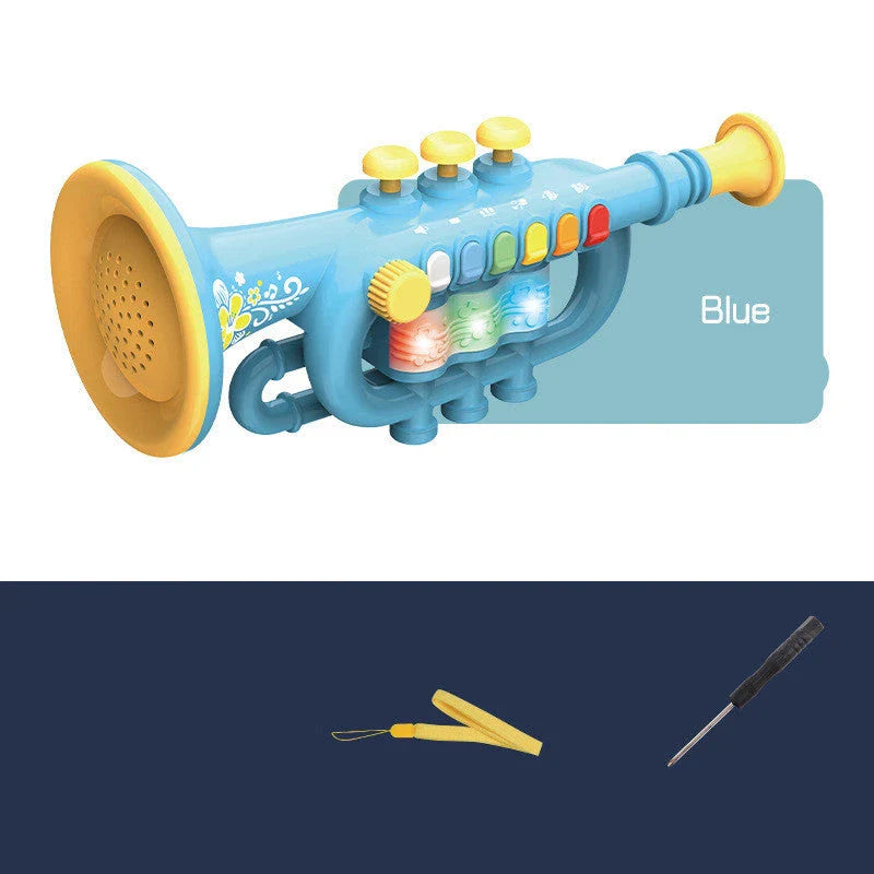 Simulation musical instruments including saxophone, trumpet, and clarinet in various colors with adjustable volume and LED lights