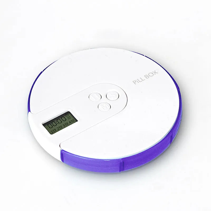 A compact blue alarm clock pill dispenser with seven compartments and an LED time display.