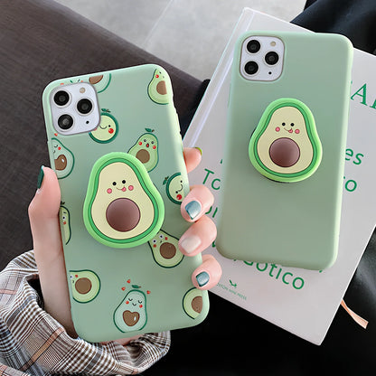 Green avocado pattern silicone iPhone case with metal ring stand attached to back